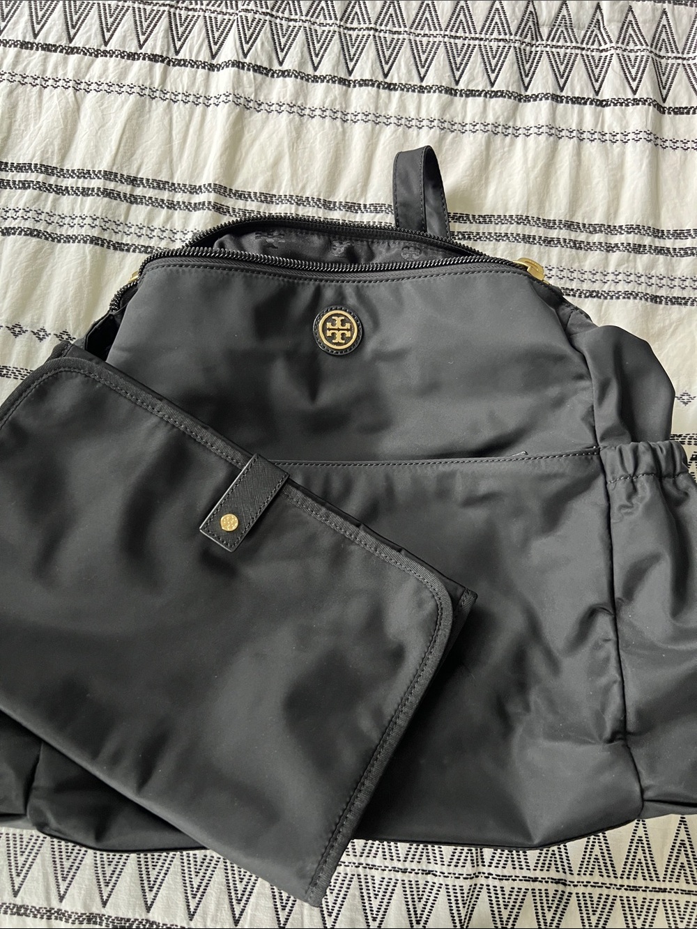 Tory Burch Black Nylon diaper bag with Gold Logo and changing pad